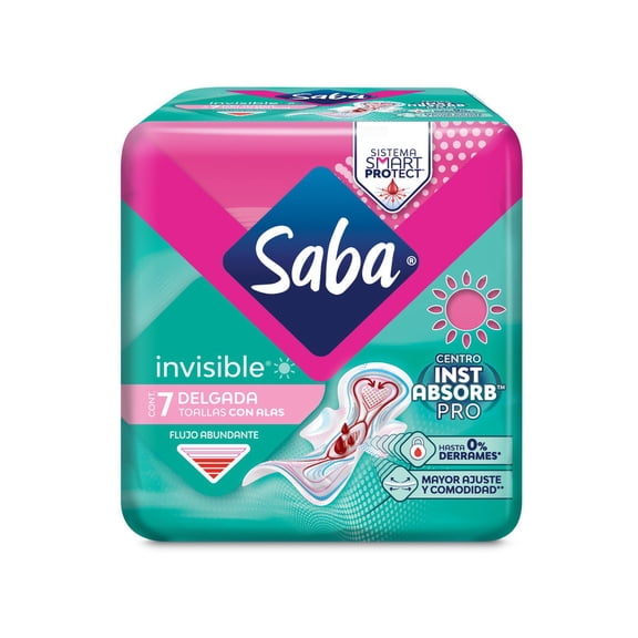 Toallas femeninas Saba Invisible delgada con alas flujo abundante 7 pzas