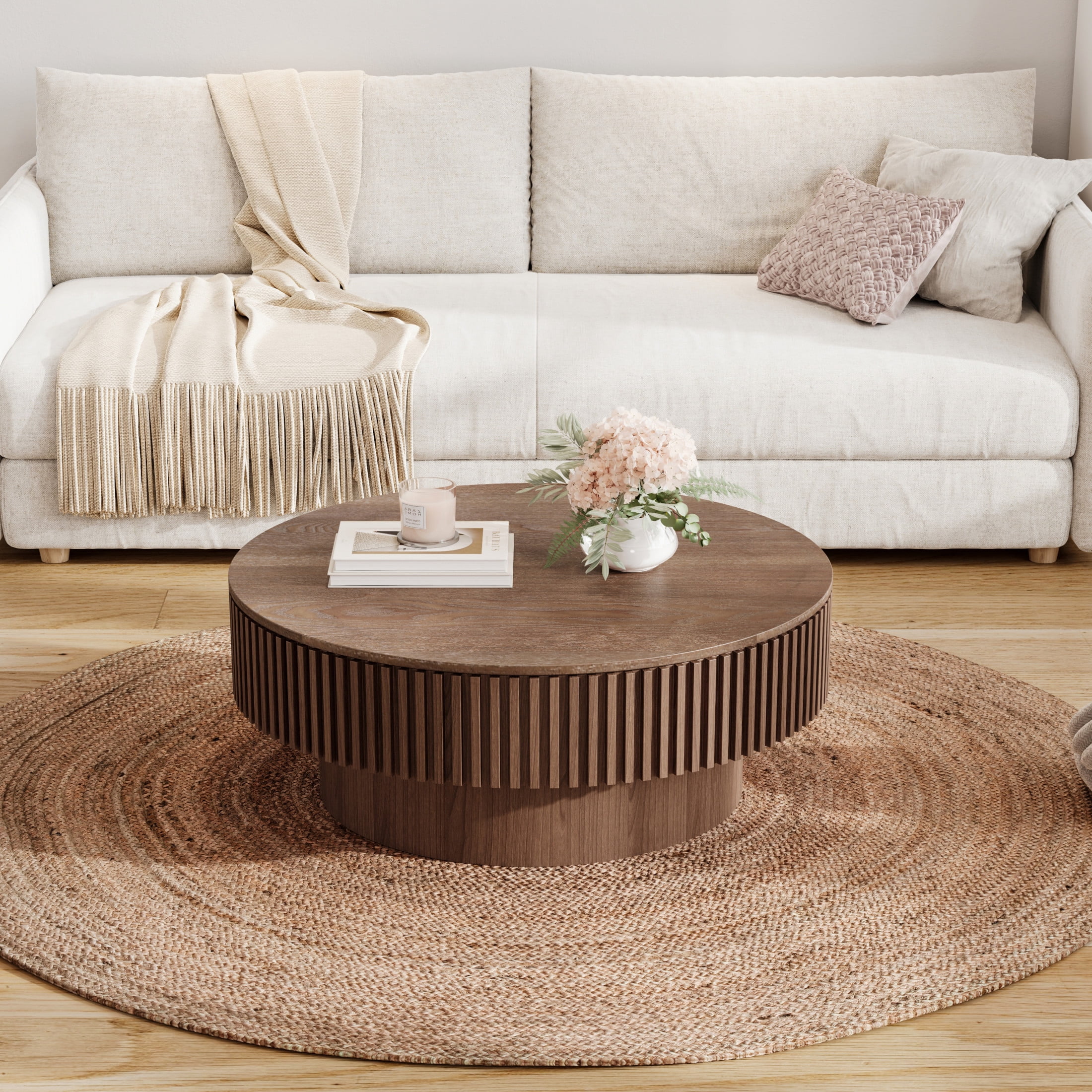 Noble House Leigh 31.5'' Round Modern Coffee Table with Hidden Storage, Solid Wood Veneer, Accent Tea Table, Walnut