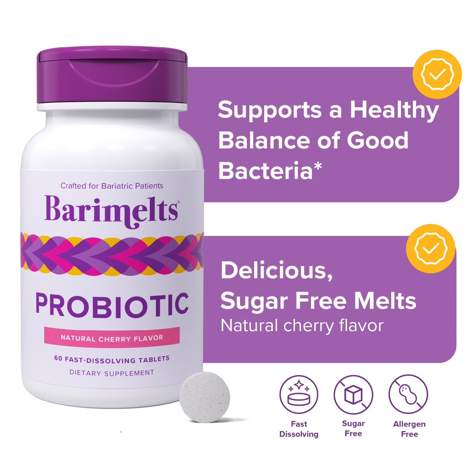 Barimelts Bariatric Probiotics for Digestive Health Support, 60 Fast-Dissolving Tablets, Post Weight Loss Surgery Patients, Cherry Flavored Dietary Supplements