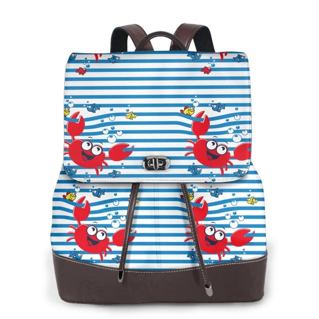 Balery Red Funny Crab on Blue Stripe Mochila de Cuero para Mujeres, Gran Capacidad, Bolsa de Viaje Multifuncional, Mochila de Cuero y Bolsa de Hombro para Mujeres
