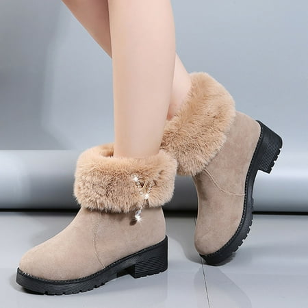 

PhoneSoap Fashion Autumn And Winter Women Snow Boots Mid Heel Thick Heeled Non Slip Bottom Fluff Warm Comfortable Slip On Khaki