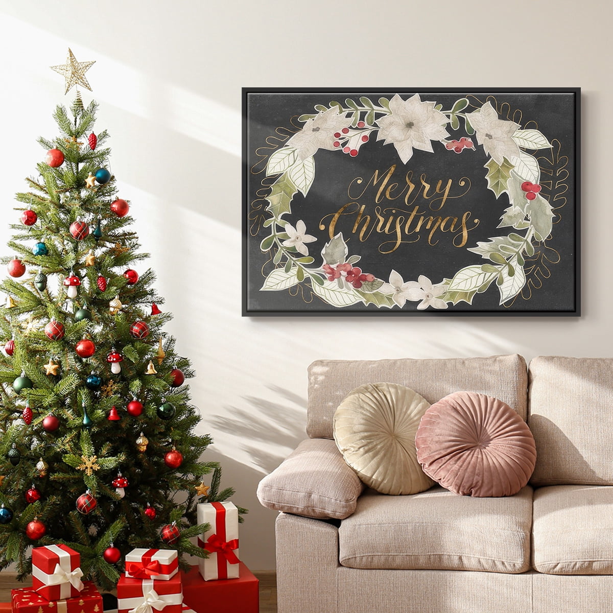 Gilded Christmas Collection A - Framed Gallery Wrapped Holiday Canvas - 27 x 41 - Black Frame