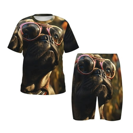 Luyuia Pug Wearing Sunglasses Flowers Print Girls  2-Piece Tie-Dye Pajama Set  Cute Summer Loungewear with Shirt and Tank Shorts Nightwear-Small