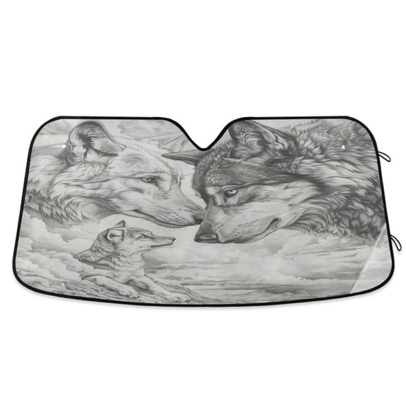Pencil Drawing Wolves Car Windshield Sun Shade Foldable Car Front Window Visor Heat and UV Protection 53x23.5