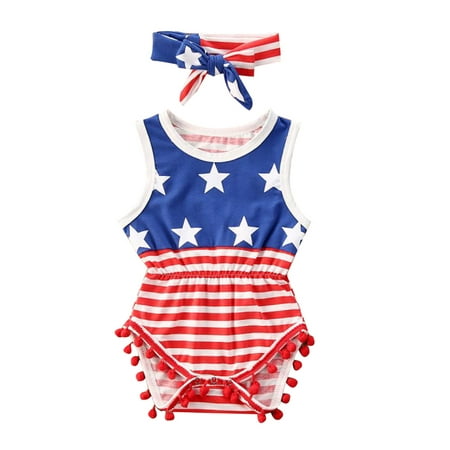 

Baby Girls 4th of July Outfits Sleeveless Pom Pom Romper American Flag Striped Bodysuit Jumpsuit with Headband Set 0-3 Months