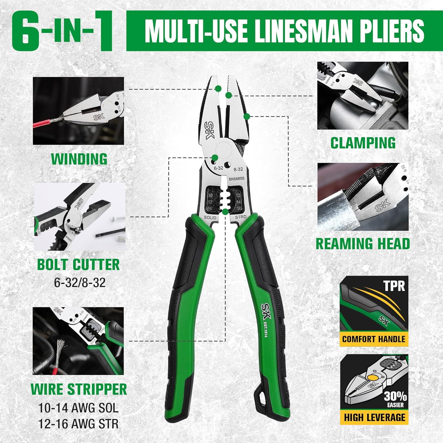 SK 8-Inch Multi-use Linesman Pliers, 6 IN 1, Premium CR-V Steel Construction, Ergonomic Non-slip Handle for Comfortable Grip