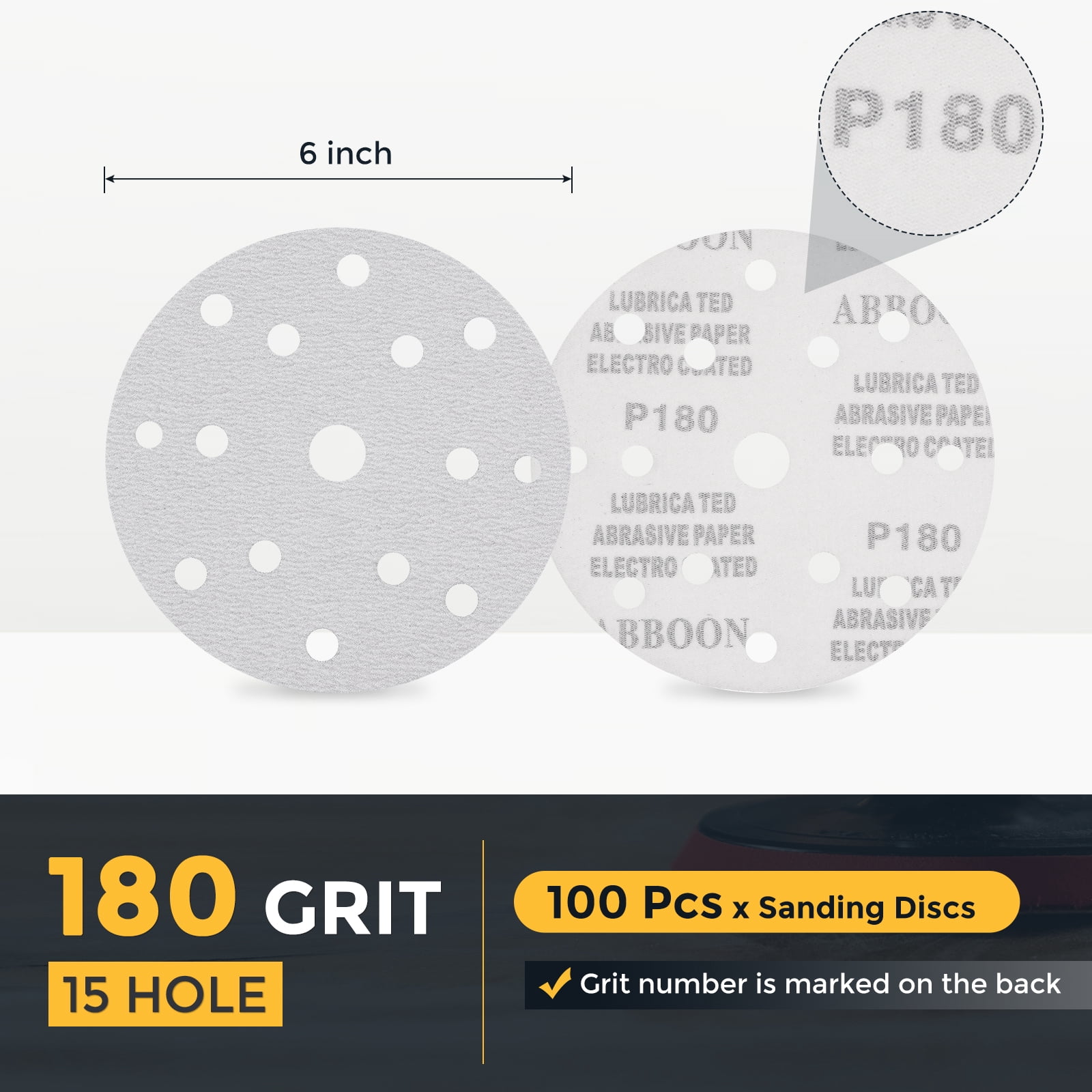 100 Pcs 6 Inch Sanding Disc 15 Hole 180 Grit Hook and Loop Sandpaper Random Orbital Sander Pads for Woodworking Automotive Metal Polishing, White