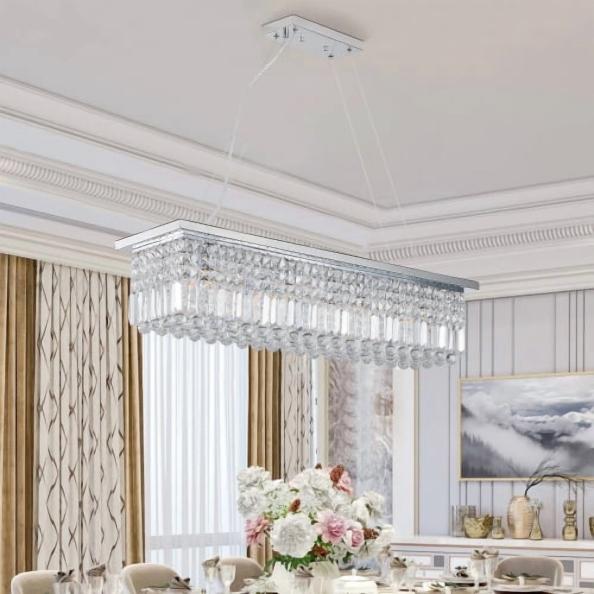 ACE-LIGHTS,Modern Crystal Chandelier,8-Light Chrome Rectangle Raindrop Chandelier(Bulb Not Included),Contemporary Rectangular Pendant Light Fixture for Living Room,Dining Room,Kitchen,Bedroom(Chrome)