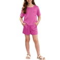 thumbnail image 2 of BRGZLK Girls Slik Homewear Unisex Solid Color Short Sleeve Round Neck Top Short Pants Home Clothing Two Pieces Set for Flora Party Hot Pink 11-12 Years, 2 of 5