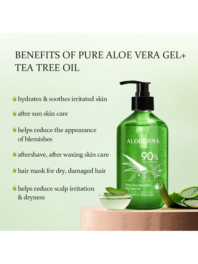 Aloderma 90% Pure Organic Aloe Vera Gel With Tea Tree Oil - Pure Aloe Vera Gel for Face - Natural Aloe Vera Gel for Sunburn Treatment, Acne, Aftershave, After Waxing - Aloe Vera Moisturizer for Face