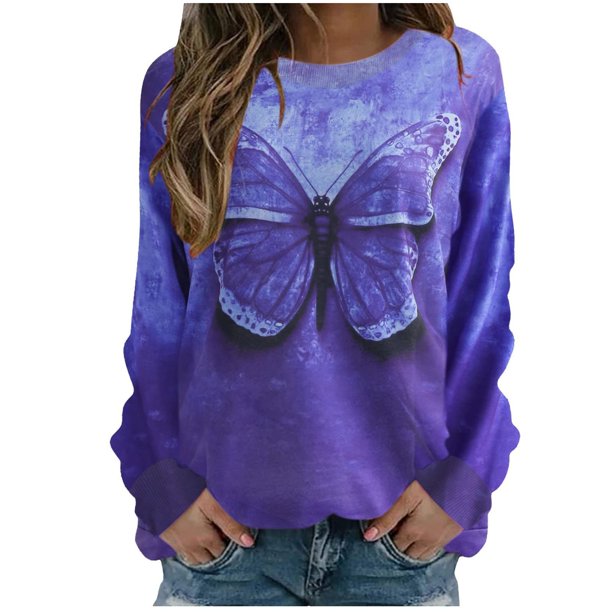 Camiseta suelta estampada a la moda para mujer, blusa de manga larga, cuello redondo, camisetas informales Pompotops FGAJ7769