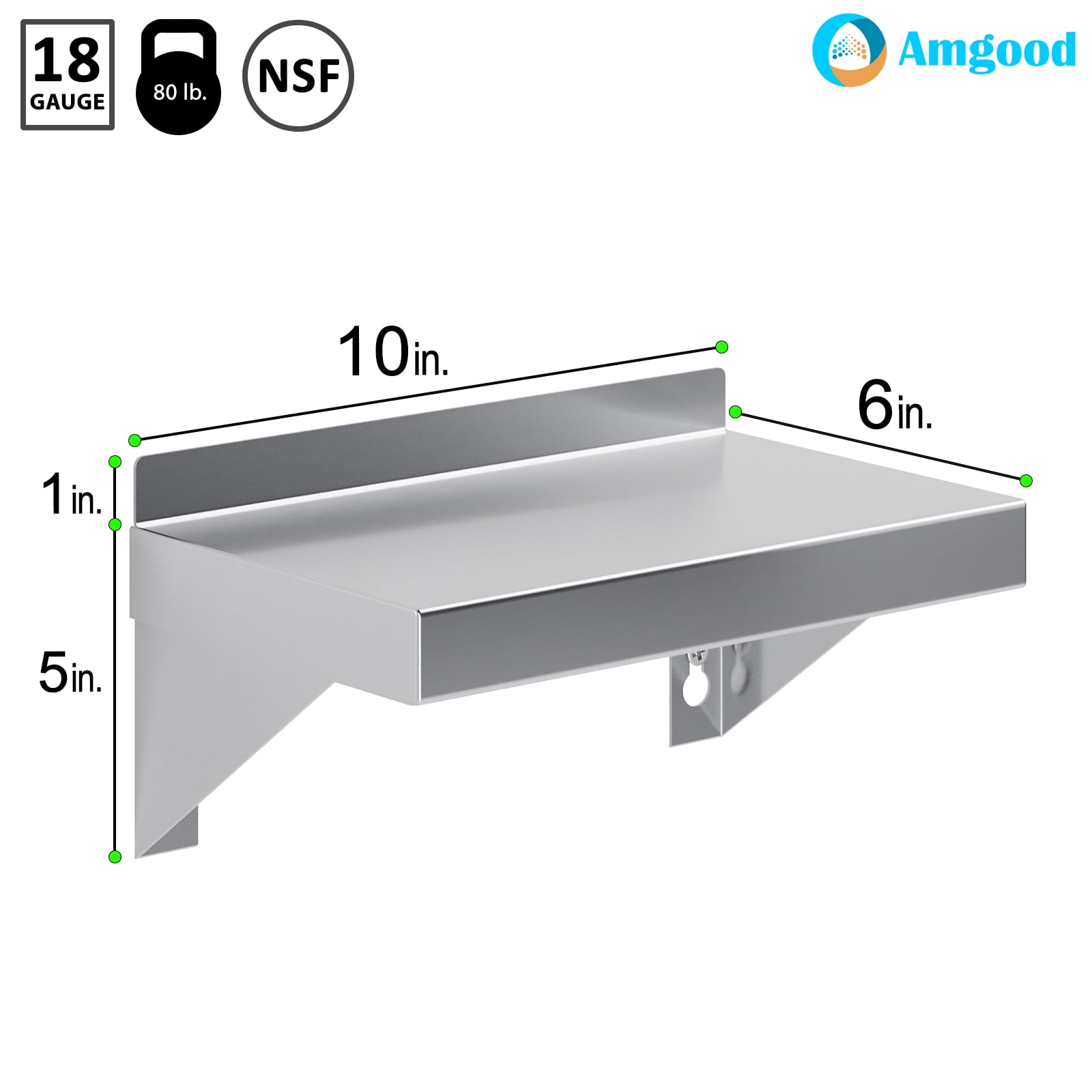 AmGood 6 in. x 10 in. Stainless Steel Wall Shelf With Squared Edge | NSF Certified | Appliance & Equipment Metal Shelving | Kitchen, Restaurant, Garage, Laundry, Utility Room