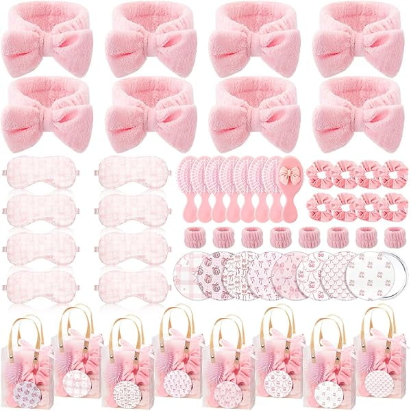 wonima11 56 Pcs Pink Spa Sleepover Party Supplies Include Sleep Eye Mask Wristband Scrunchie Spa Headband with Coquette Bow Mirror Hair Comb Gift Bags for Women Girls Slumber Birthday Party Favors