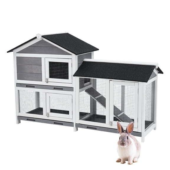 Juiluna Two Floors 62" Wooden Outdoor Indoor Roof Waterproof Bun/ny Hutch Rabbit Cage Guinea Pig Coop PET House for Small to Medium Animals with Stairs and Cleaning Tray