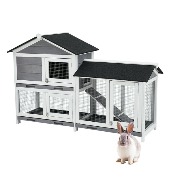 Clapier pour Lapin Intérieur Extérieur de 58 Pouces, Cage en Bois Imperméable pour Lapin avec 3 Plateaux Étanches – Conception à 2 Niveaux pour Lapins et Petits Animaux – Noir + Blanc