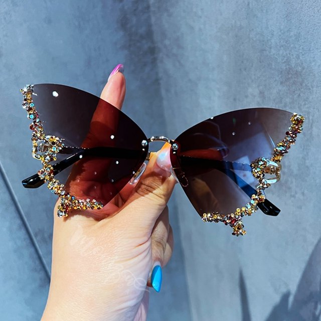 Gafas de sol de lujo con diseño de mariposa y diamantes para mujer, marca y2k, gafas de sol de gran tamaño sin montura Vintage, gafas de sol para mujer Dengxun unisex
