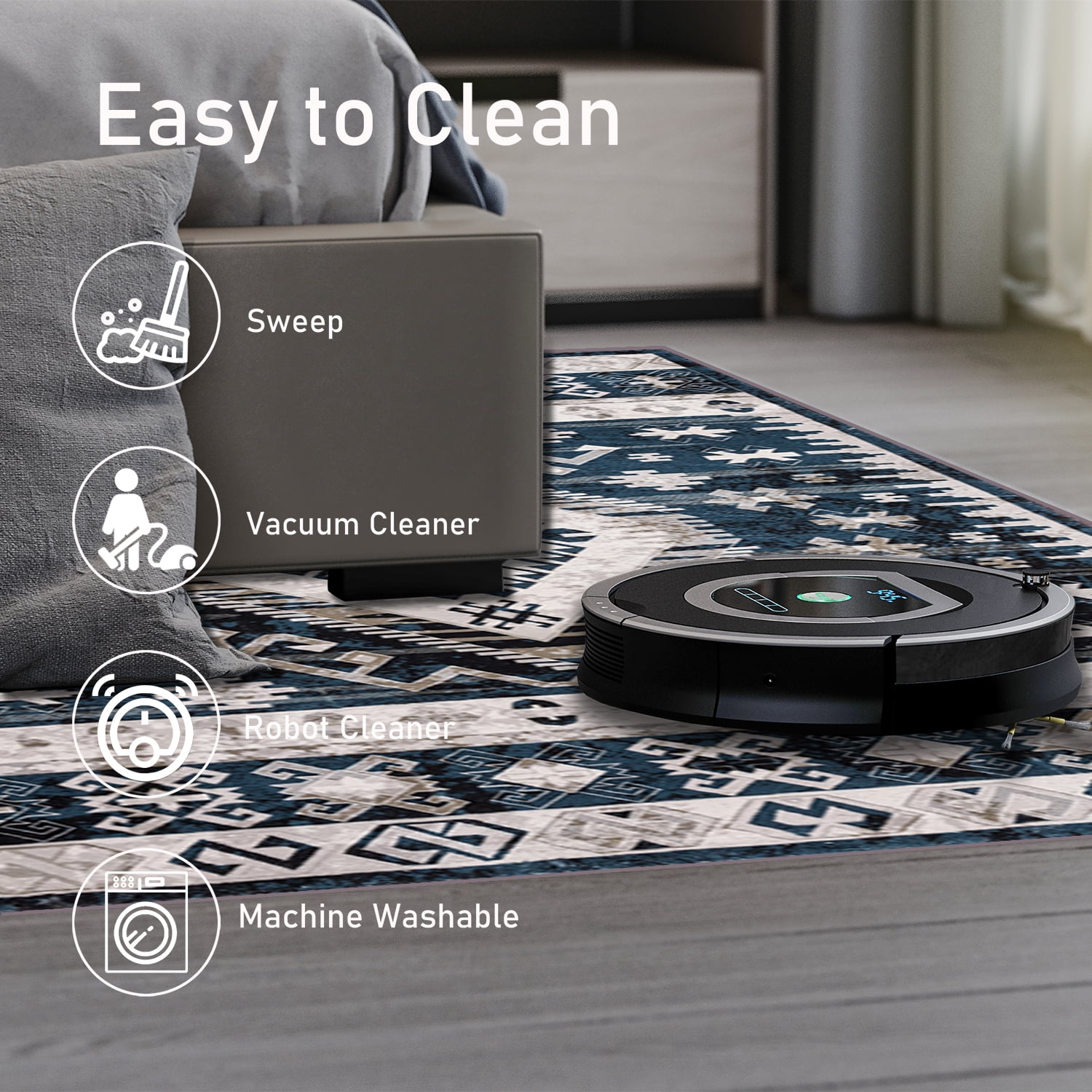 Yoneston 5' x 7' Vintage Bohemia Area Rug Machine Washable Bedroom Rug Soft Non-Slip with Printed Kitchen Mat for Living Room Playroom Dining Room Decoration, Black&Blue