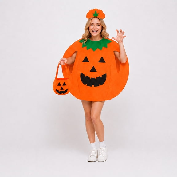 LEKWK Pumpkin Costume Adult 3 Piece Set with Hat & Candy Bag Cute Funny Halloween Costume Family Members Halloween Party Dress up Clearance