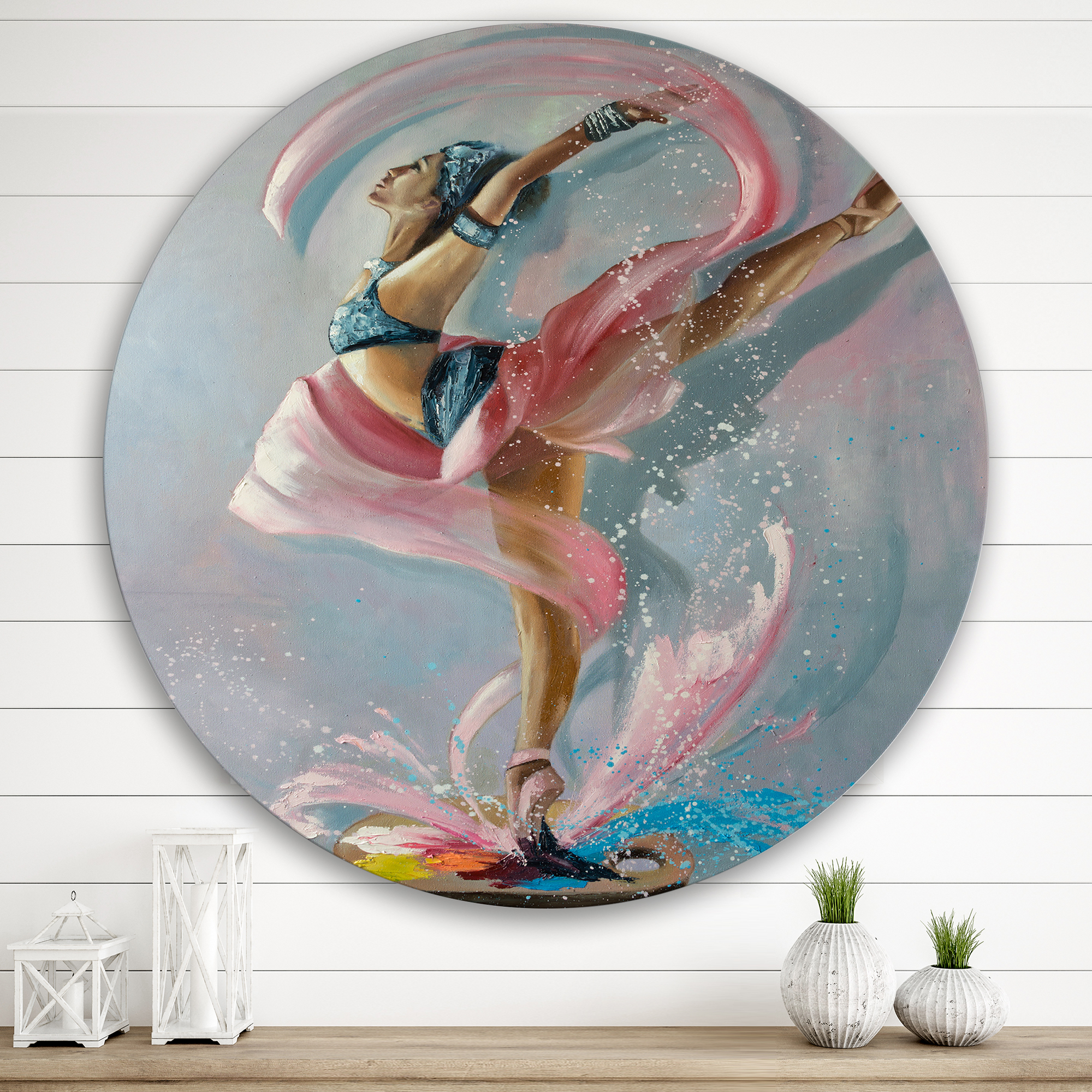 Designart 'Graciously Dancing Girl In Pink Drapes' Traditional Circle Metal Wall Art 29x29 - Disc of 29