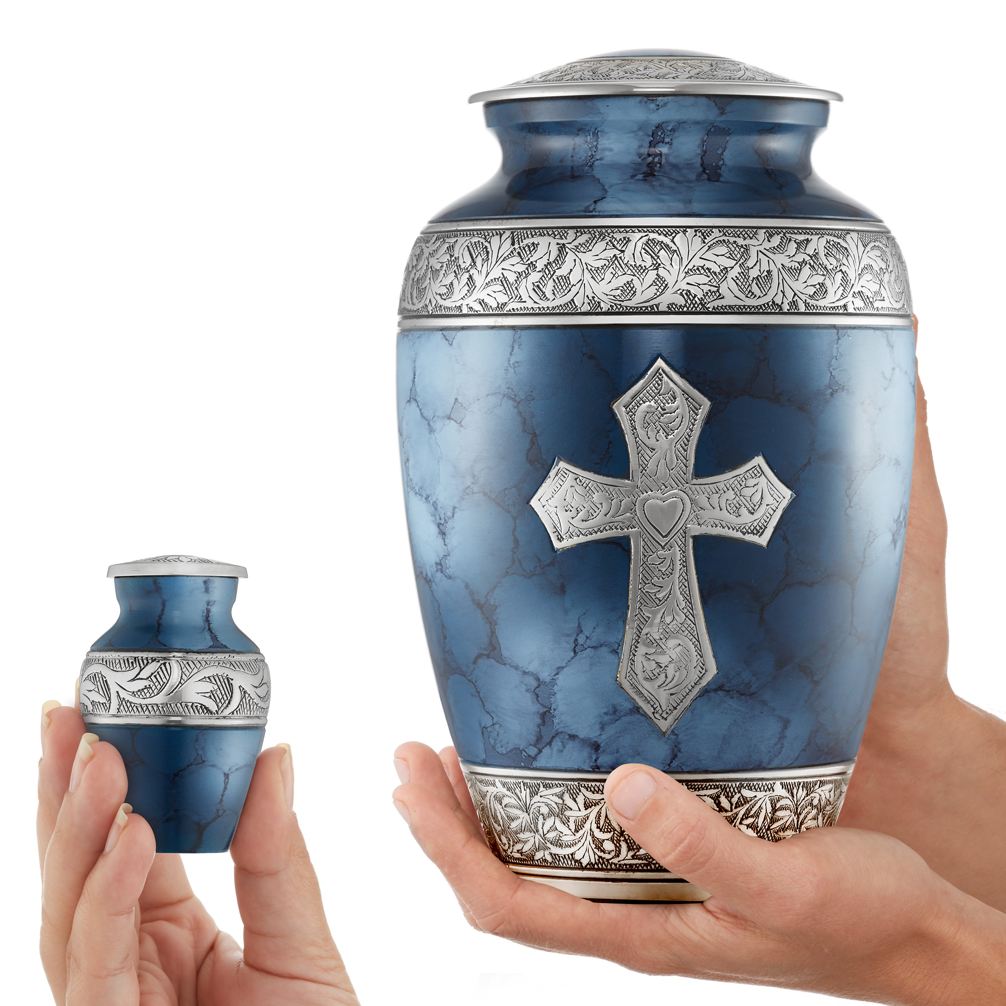 Reminded Set of 5 Engraved  Cross Cremation Urns for Human Ashes - 1 Brass Adult + 4 Keepsake Token Size, Blue