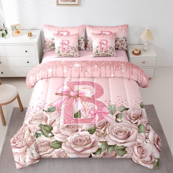 Manfei Personalized Initial 7-Piece Twin Bedding Sets,Pink Sequin Bedding Comforter Set,Rose Bow Breathable Sheet Sets,Ultra Soft Cute Home Decor,Reversible