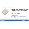 thumbnail image 2 of Cabin Air Filter - Compatible with 2020 - 2023 Mercedes-Benz GLE450 3.0L 6-Cylinder 2021 2022, 2 of 2