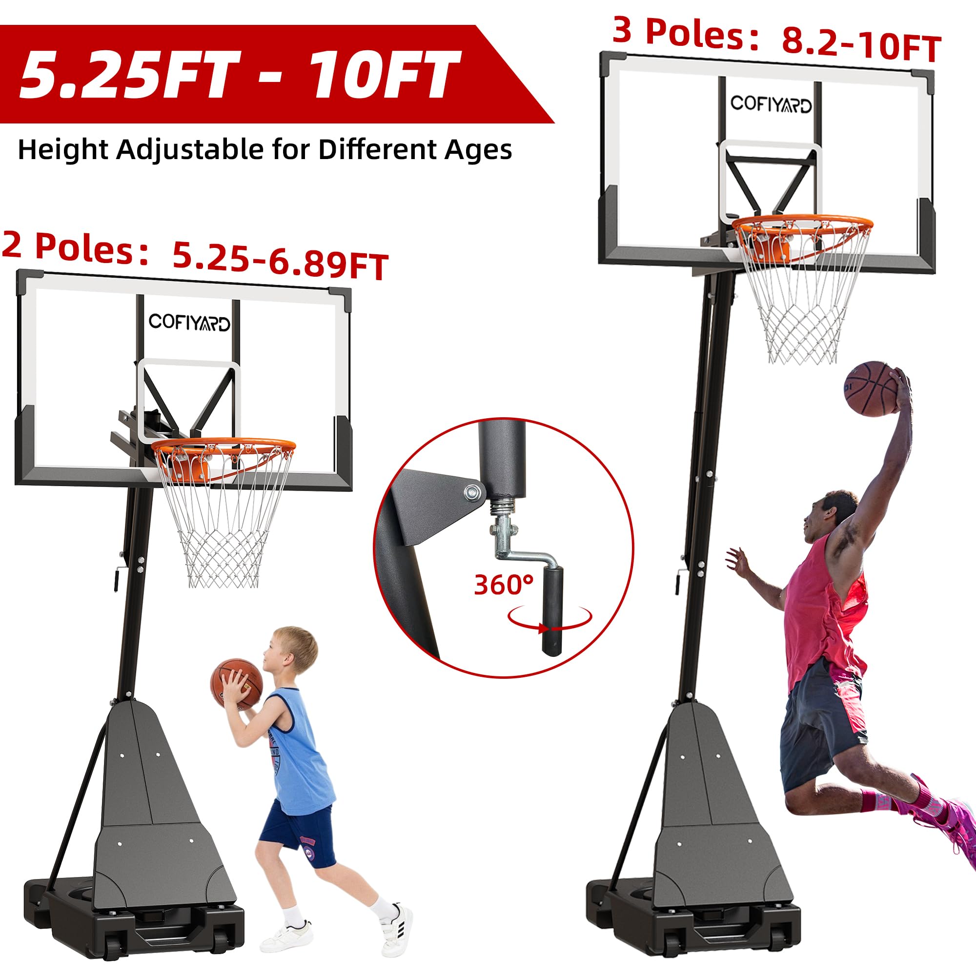 Cofiyard 54 inch Shatterproof Backboard Basketball Hoop, 5.25-10FT Height Adjustable Portable Basketball Goal System with Sandbag,