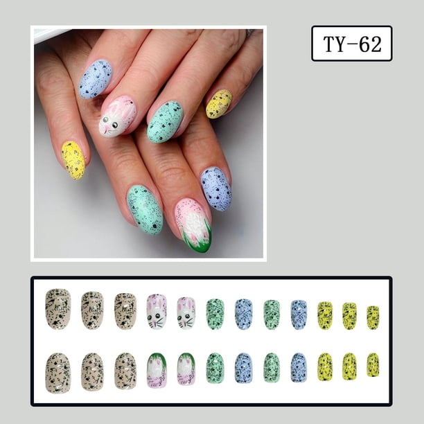 Uñas postizas de conejito de Pascua: diseños florales y de conejito con adhesivos para primavera y Pascua. 24 uñas postizas.