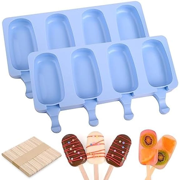 Popsicle Silicone Molds Set, 2 PCS Ice Cream Molds with 50 Wooden Sticks for Cake Pop, Ice Pop, Cakesicles (Standard Size/Blue)