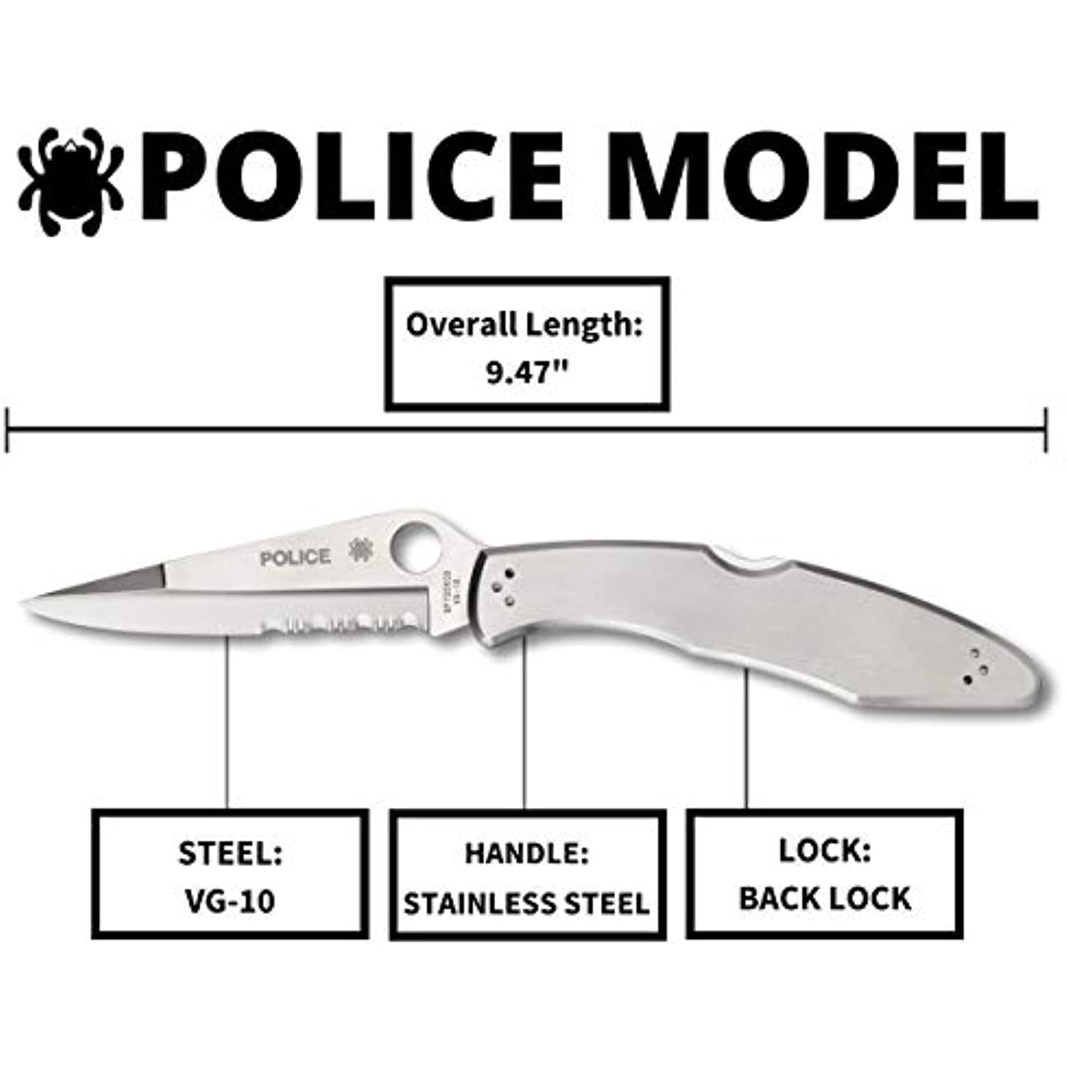 Spyderco Police Folding Knife 4-1/8" VG10 Combo Blade, Stainless Steel Handles, Lockback - C07PS