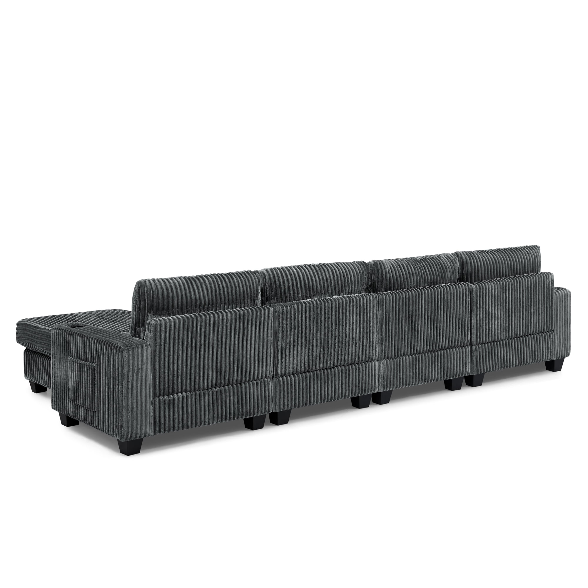Modular L-Shaped Sectional Sofa with Detachable Ottoman Footrest and Cup Holders, Corduroy 4-Seater Sofa Couch with Side Storage Pockets and Sturdy Plastic Support Feet for Living Room