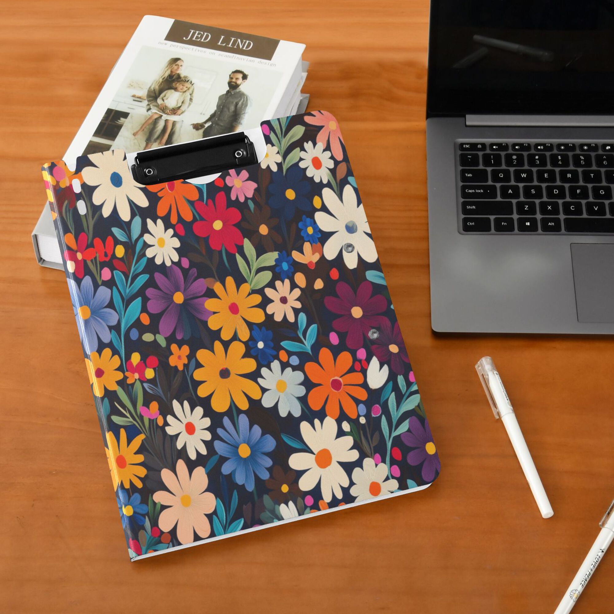 FORMRS A4 Clipboard Folder with Pen Holder Horizontal Foldable School Office Binder, Bright Colorful Flowers Pattern