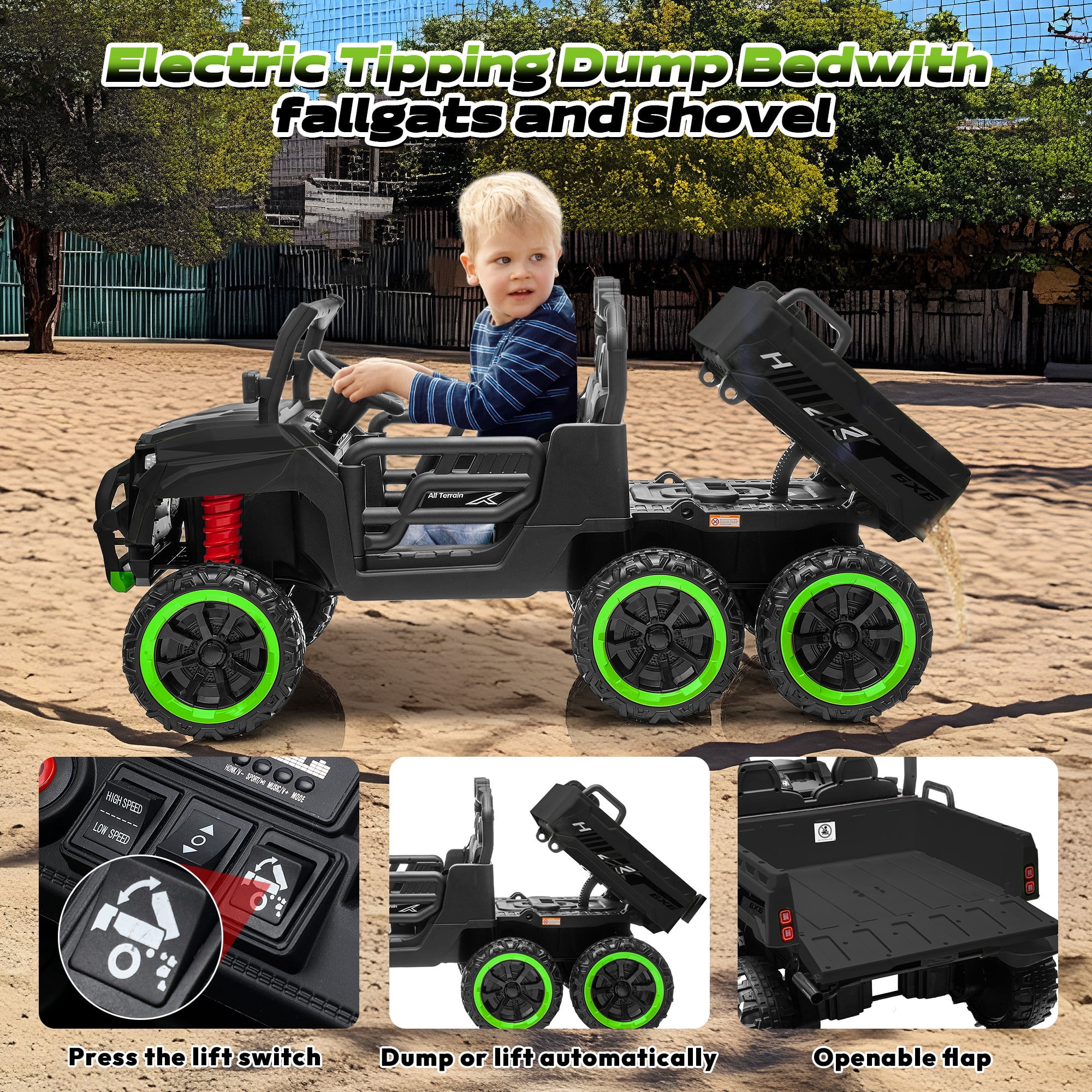 Letsgokid 24V 2-Seater Ride On Dump Truck with Remote Control, 4WD 6-Wheel Electric Car for Big Kids with Electric Dump Bed, 20in Seat, 400W Powerful Motor, LED Lights, Music, Ages 3+