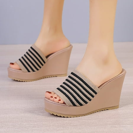

uikmnh Slippers for Women Knit Fabric Striped Fish Mouth Platform Wedge Heel Casual Slippers Beige 7.5
