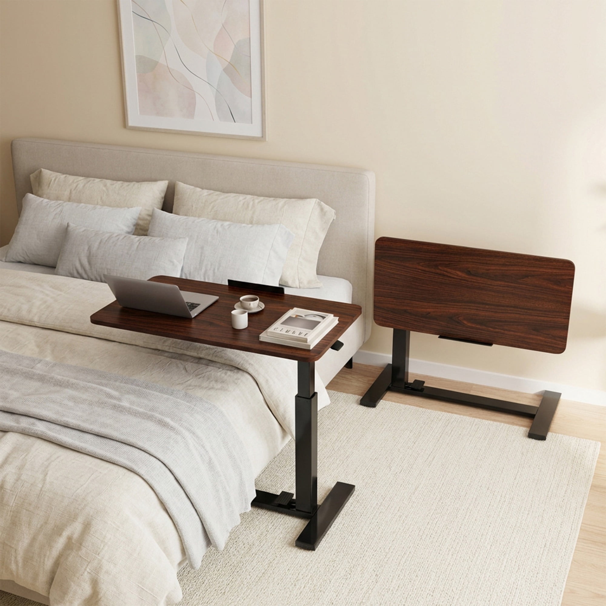 EDX Adjustable Overbed Table with Wheels, Rolling Laptop Bed Desk for Home Hospital Use, Height & Tilt Adjustable Mobile Table for Eating, Working, Reading， Brown