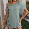 thumbnail image 3 of Olyvenn 2025 Summer New Women's Round Neck Jacquard Tops Irregular Hem Blouse Short Sleeve Buttons Casual T-shirt Army Green L, 3 of 5