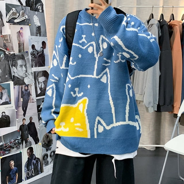 Suéter de otoño e invierno para hombre, estilo holgado, informal, con dibujos animados, cuello redondo, marca de moda, suéter atractivo para estudiantes