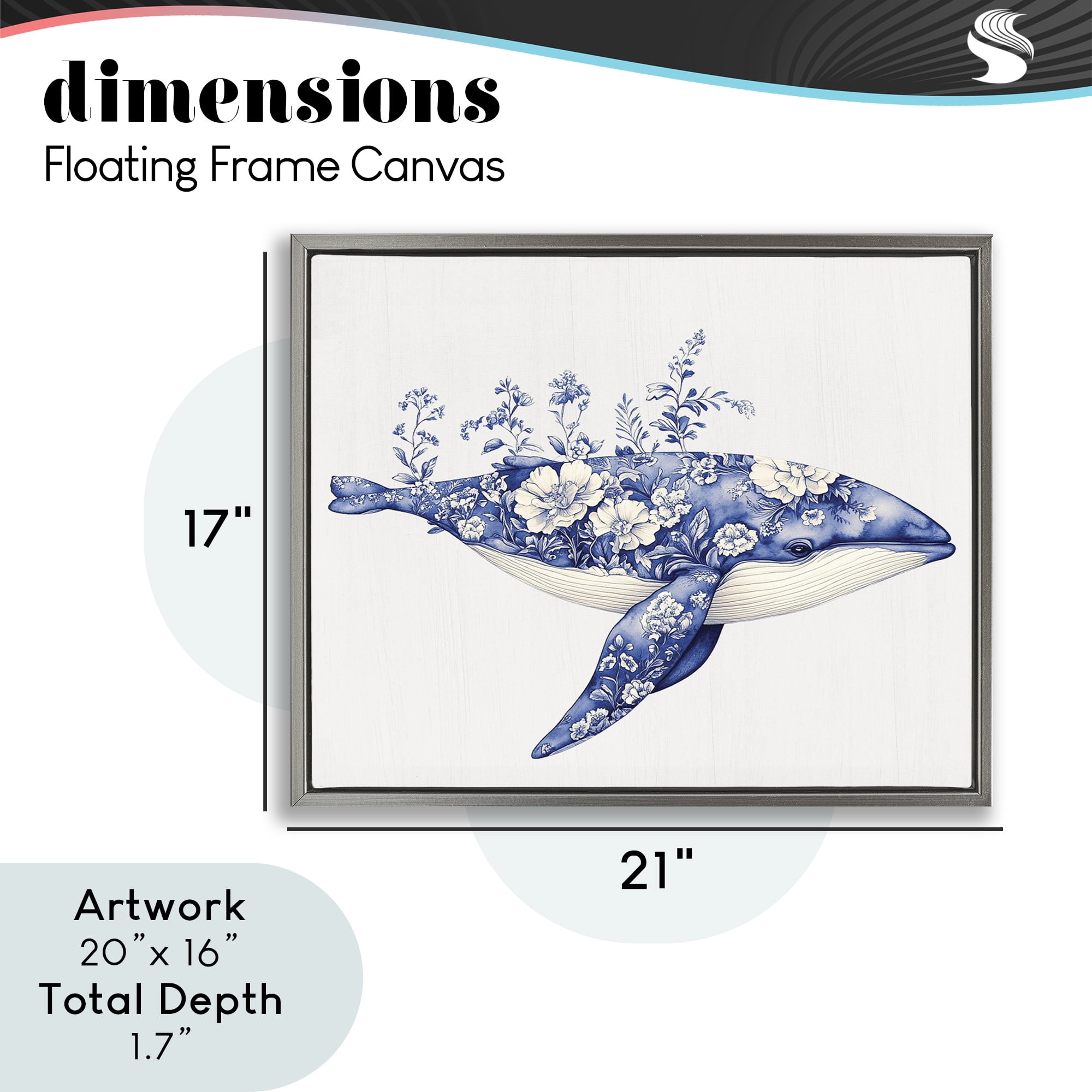 Blooming Toile Whale Gray Framed Floater Canvas Wall Art, design by Lettered and Lined