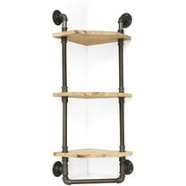 Pipe Shelf, Rustic Corner Shelves with Towel Bar,Bathroom Shelves Wall Mounted,3 Tiered Metal&Real Wood Home Decor Floating Shelves