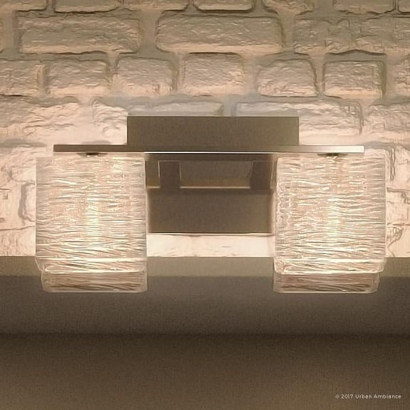Urban Ambiance Luxury Modern Bathroom Vanity Light, Medium Size: 6.75"H x 15"W, with Brushed Nickel Finish and Sandblasted Inner Glass, Clear Wavy Outer Glass, G9 LED Technology, UQL2720