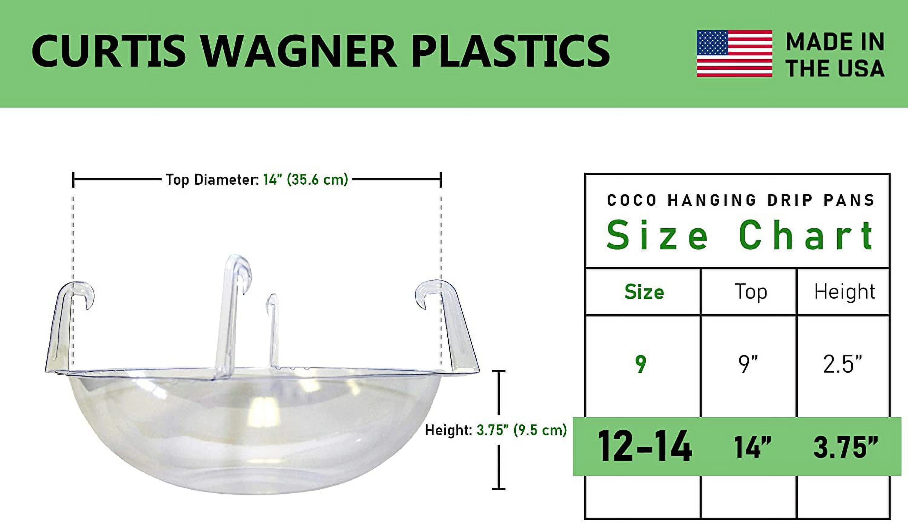 Curtis Wagner Plastics Wire Coco Hanging Basket Drip Pans (5-Pack) | Clear, Round (12” - 14" Top, 3.75" Depth) Hanging Plant Tray Saucer with Built-in Hooks & Water Catcher for Indoor & Outdoor