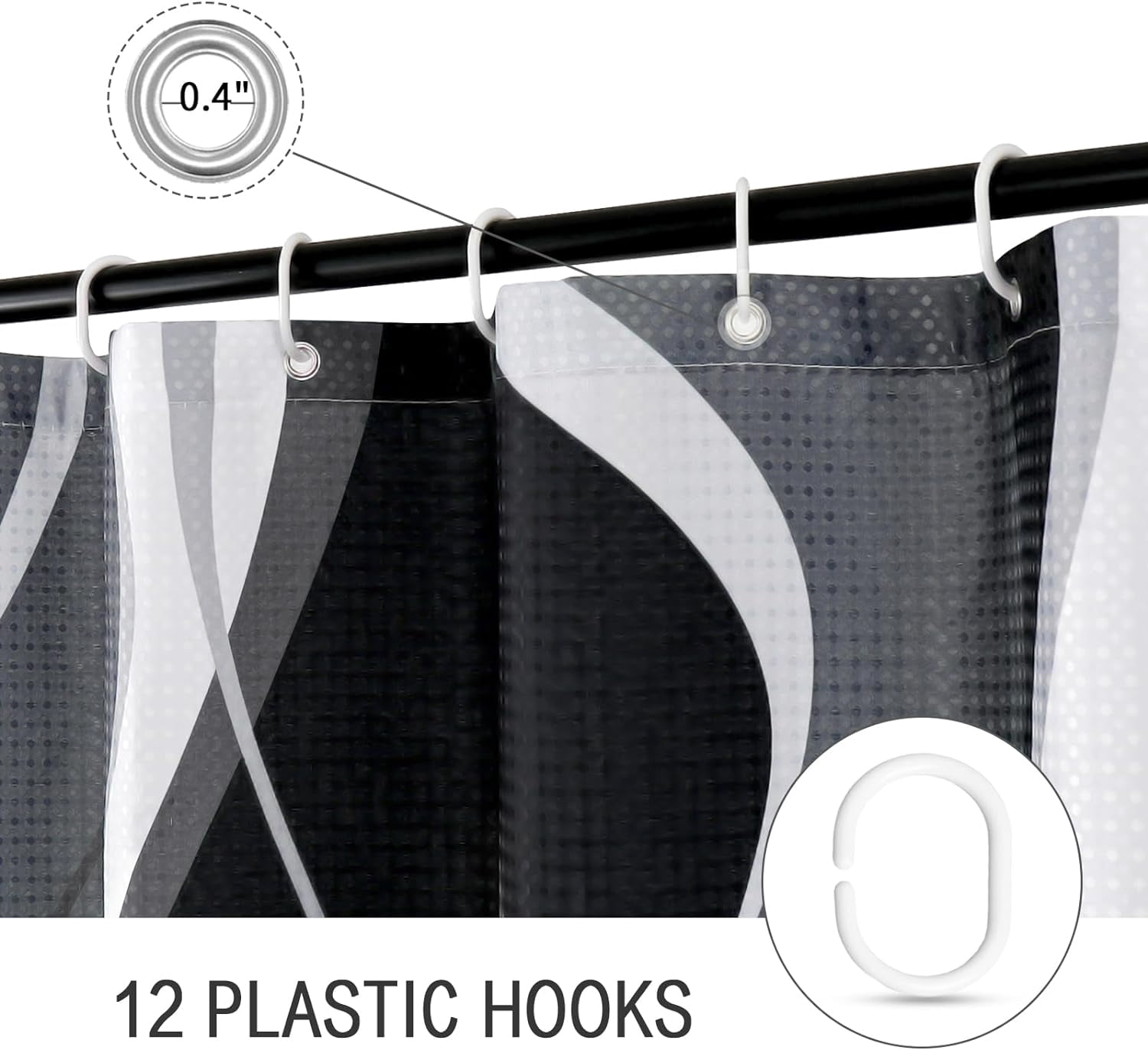 Black and Grey Shower Curtain, Gray and White Abstract Modern Bathroom Decor, Waffle Weave Textured Fabric Shower Curtain Set with Hooks, 72x72