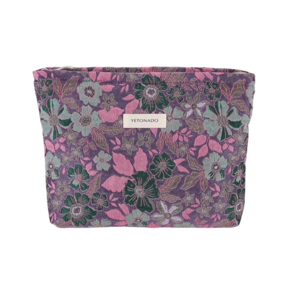 Unique Bargains 1 Pc Vintage Embossment Flower Makeup Bag Polyester Purple Large