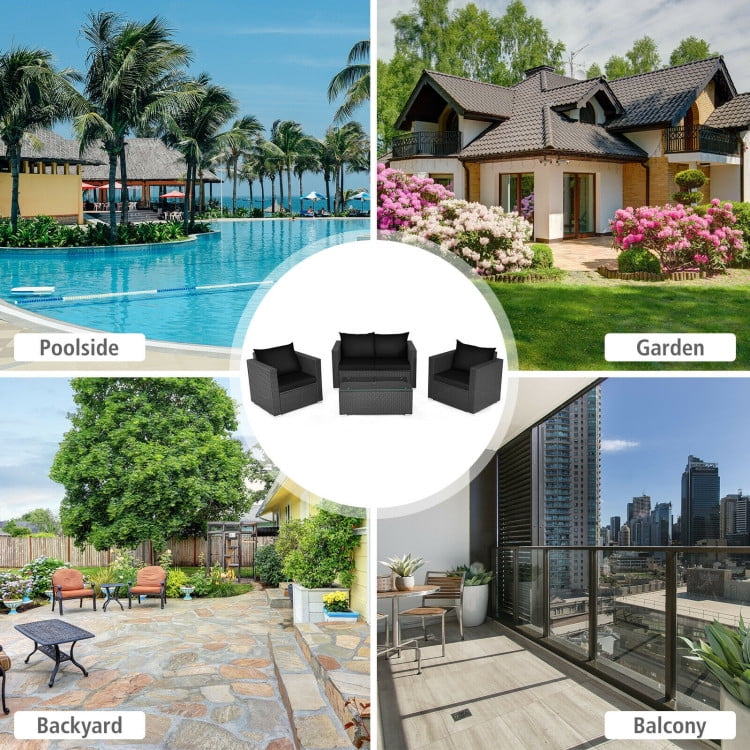 Aimee Lii 4 Pieces Patio Rattan Conversation Set, Small Patio Set with Padded Cushion and Tempered Glass Coffee Table, Black Aimee Lii 4 Pieces Patio Rattan Conversation Set, Small Patio Set with Padded Cushion and Tempered Glass Coffee Table, Black
