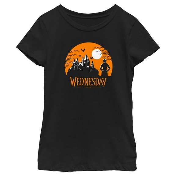 Girl's Wednesday Halloween Haunted House  Graphic Tee Black Medium
