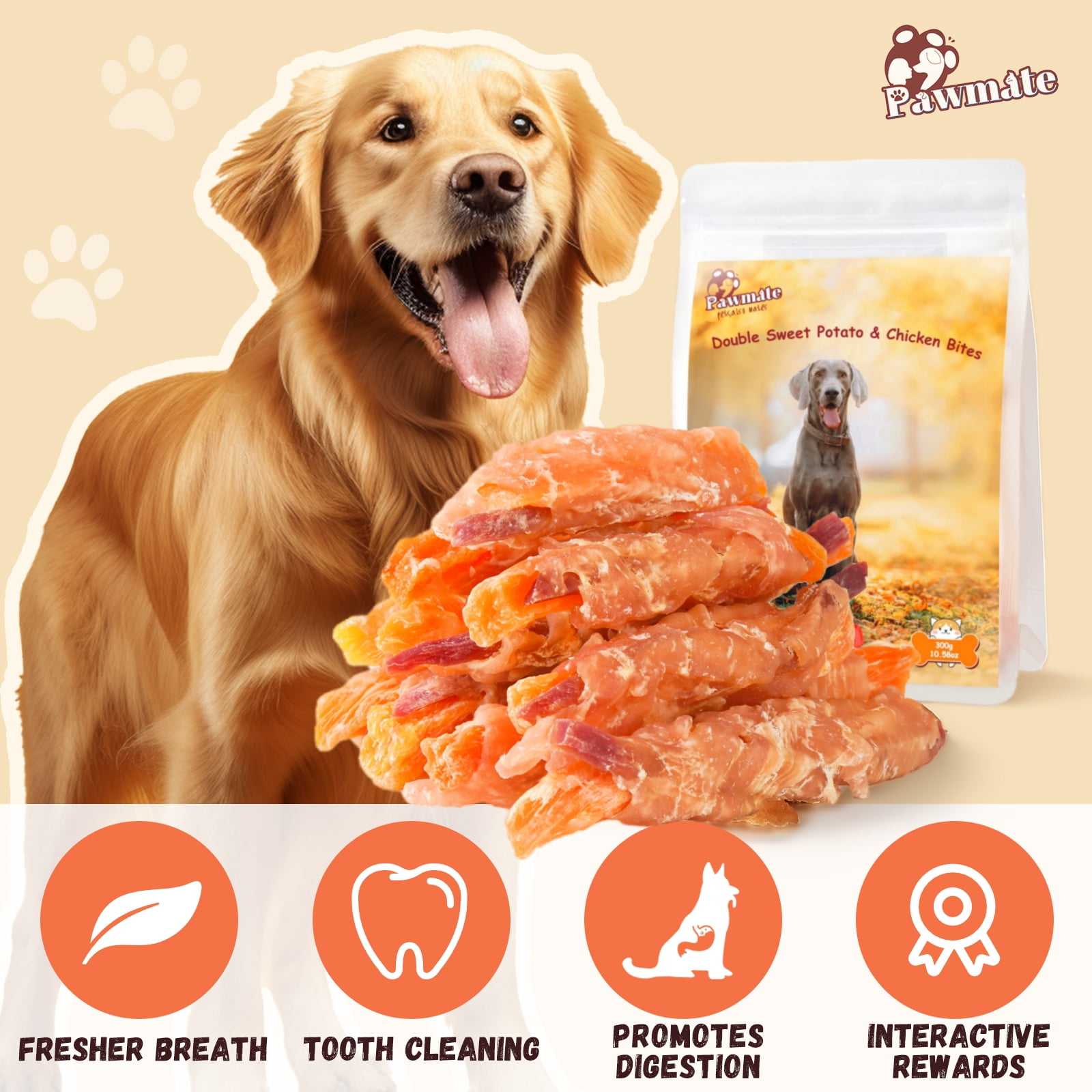 (2 pack) Pawmate Chicken & Double Sweet Potato Dog Treats, Healthy Nutritious Snacks Chewy for All Dogs, 12-15 ct Packet