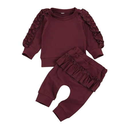 

Sunisery 2PCS Newborn Infant Kids Baby Girls Long Sleeve Ruffle Top and Pants Fall Winter Outfits Wine Red 18-24 Months