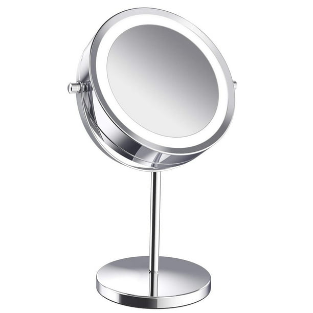 Espejo de maquillaje con aumento de doBle Cara Con Luz LED, Espejo de Mesa Portátil con Aumento de 5x, Rotacia de 360 Grados, Diseño de Mesa Resistente, Espejo de