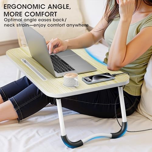 Folding Lap Desk, 23.6 Inch Wood Laptop Bed Desk with Cup Holder, Portable Bed Table for Working Writing Reading & Eating for Bed, Sofa, Couch, Floor - Beige