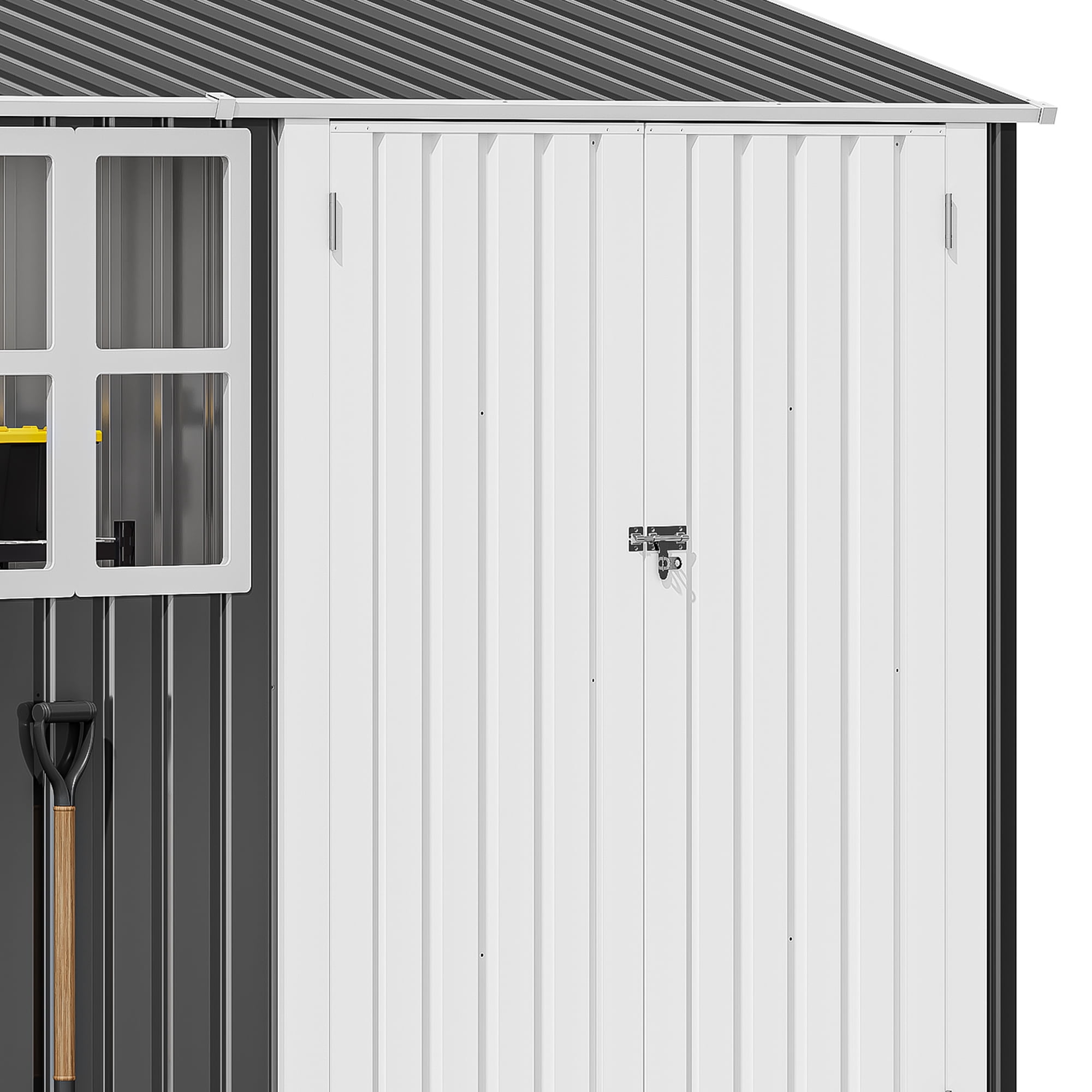 ModFusion 8x6 ft Storage Shed with Large Window, Lock, Galvanized Metal, Shutter Vents, Garden Tools Bike Storage Pool Supplies Organizer, Dark Gray and White